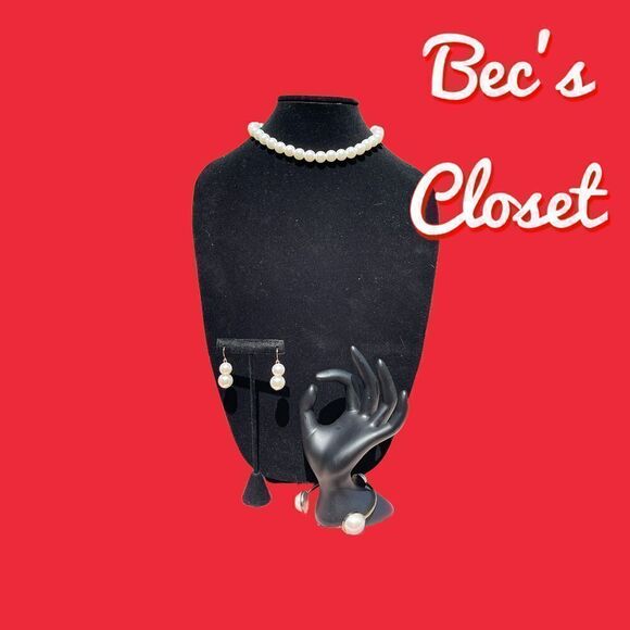 Fashion Costume Jewelry Plastic Peral Chocker Earring Bangle Set - Picture 5 of 5